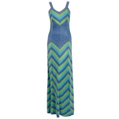 1972 Emilio Pucci Metallic Green Blue Stripe Knit Bias-Cut Plunge Maxi Dress