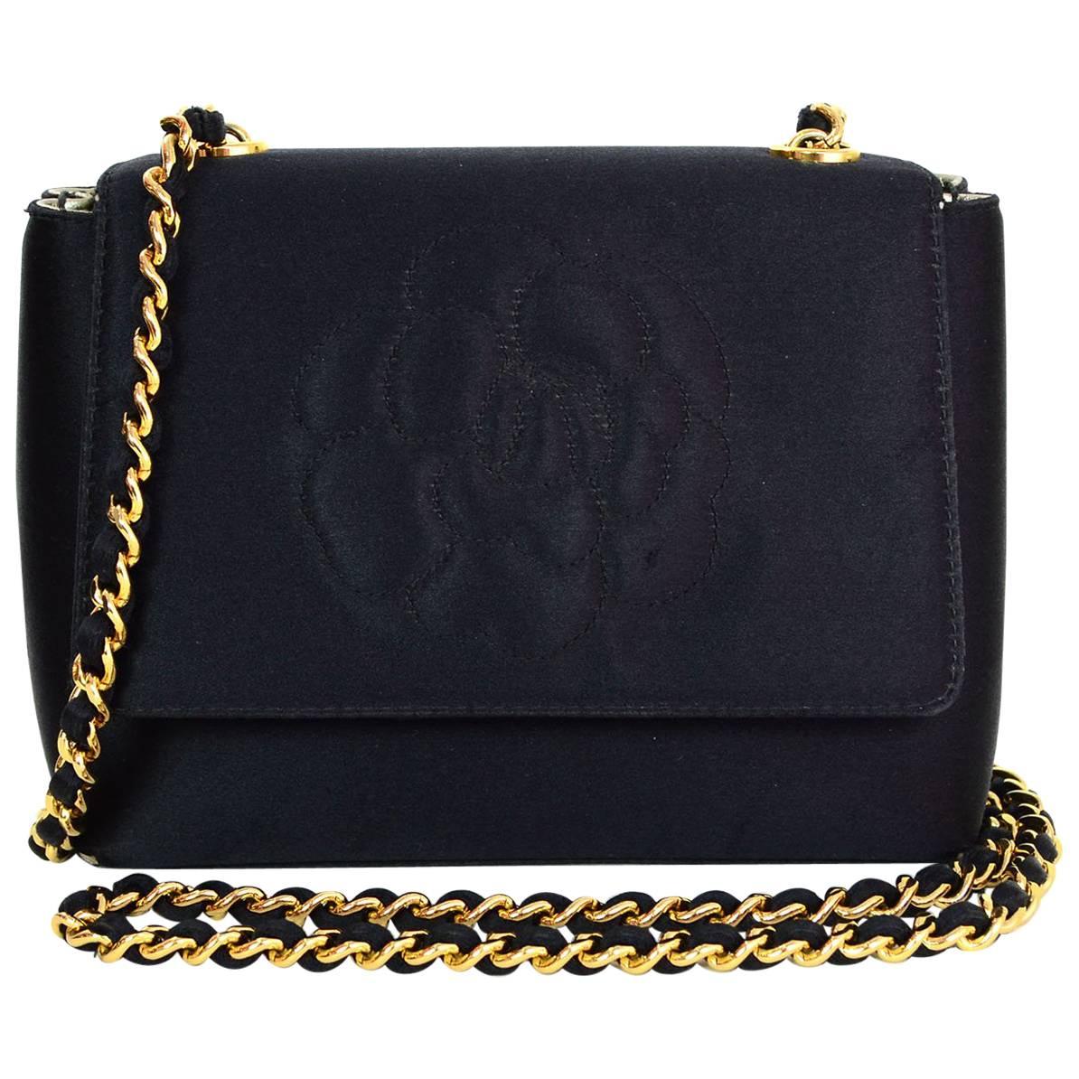 Chanel '90s Vintage Black Satin Mini Camelia Flap Crossbody Bag