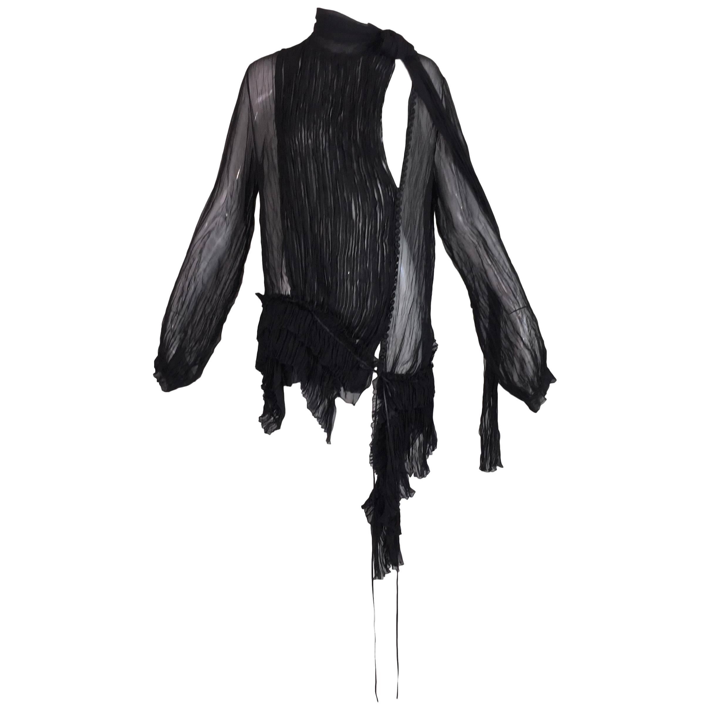 2000's Gianfranco Ferre Sheer Black Silk Pirate Asymmetrical Blouse Dress