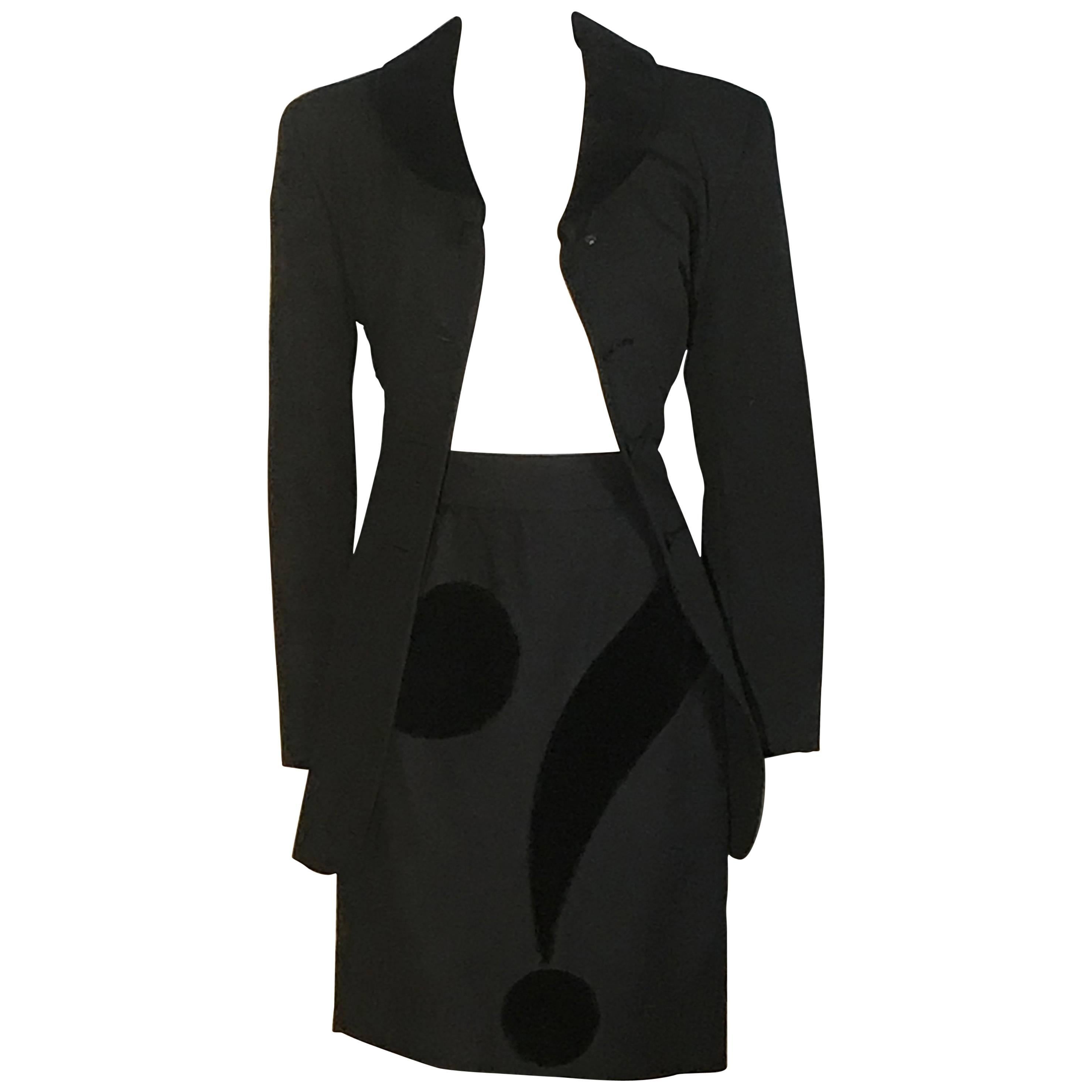 Moschino Cheap & Chic 1990s Black Question Mark Jacket and Skirt Suit