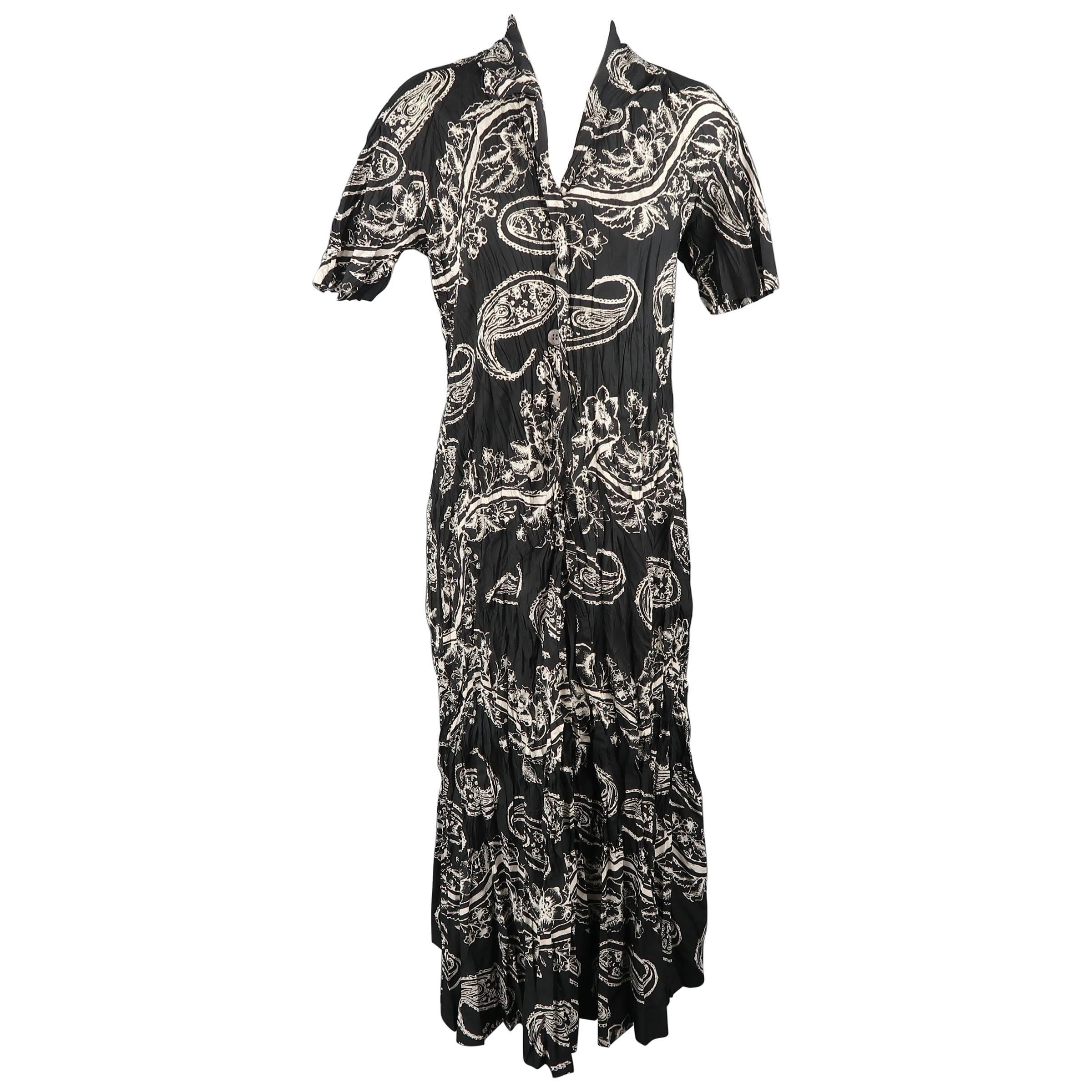 Issey Miyake Black and White Floral Paisley Wrinkle Collared Dress