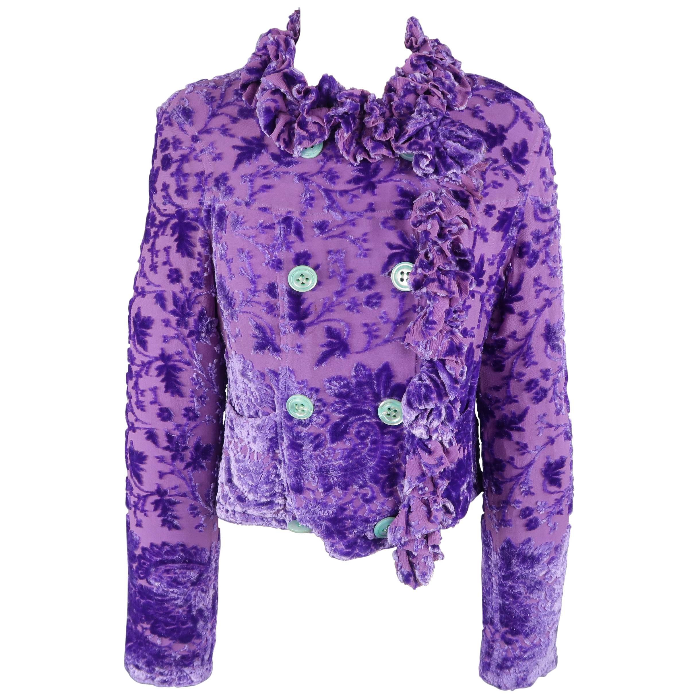 Voyage Purple Velvet Damask Burnout Silk Ruffle Trim Jacket