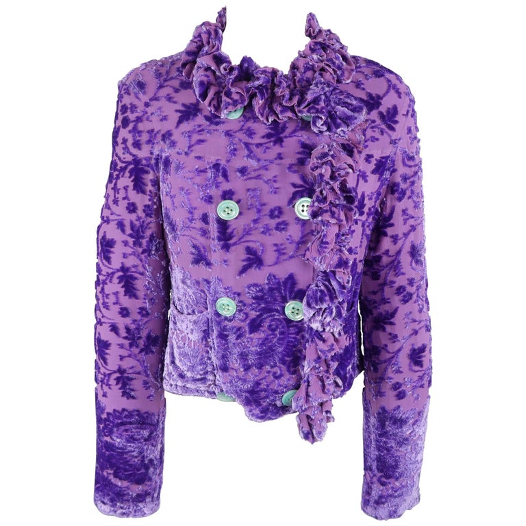 Voyage Purple Velvet Damask Burnout Silk Ruffle Trim Jacket at 1stDibs