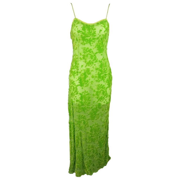 Voyage Green Silk Blend Damask Burnout Velvet Slip Dress at 1stDibs