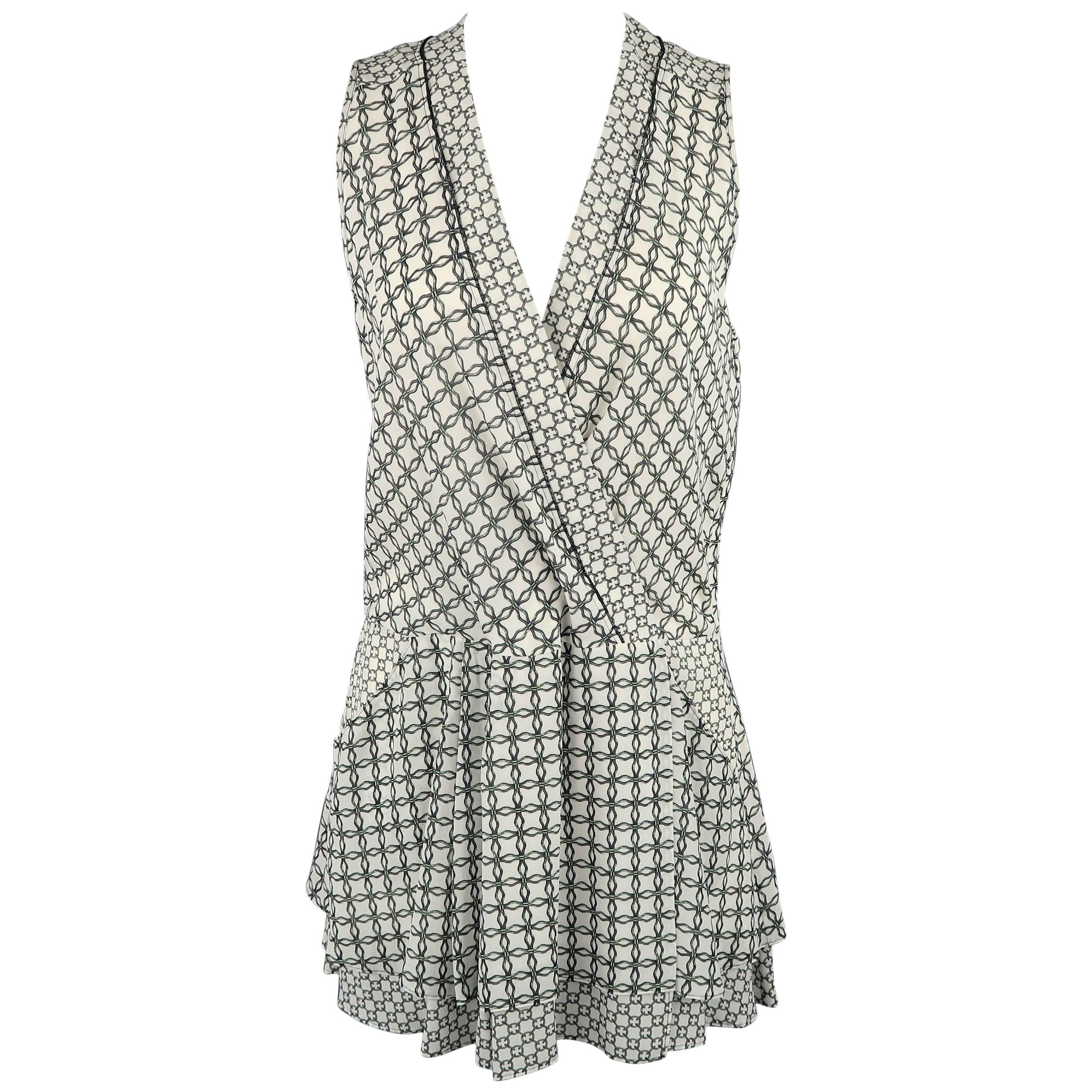 Proenza Schouler White and Green Chainlink Silk Wrap Ruffle Dress