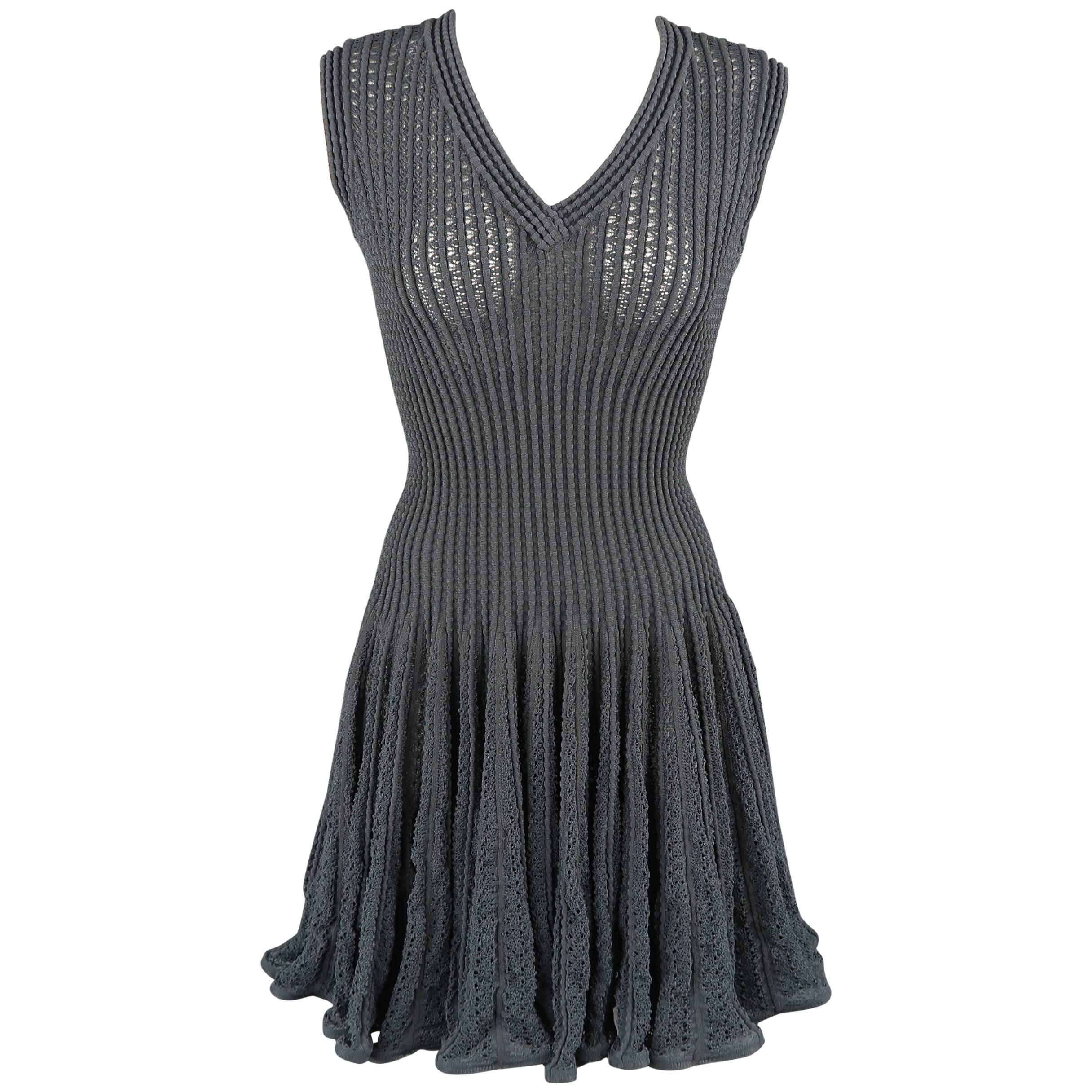 Alaia Dress - Blue Gray Cotton Blend Mesh Knit Ruffle Skirt