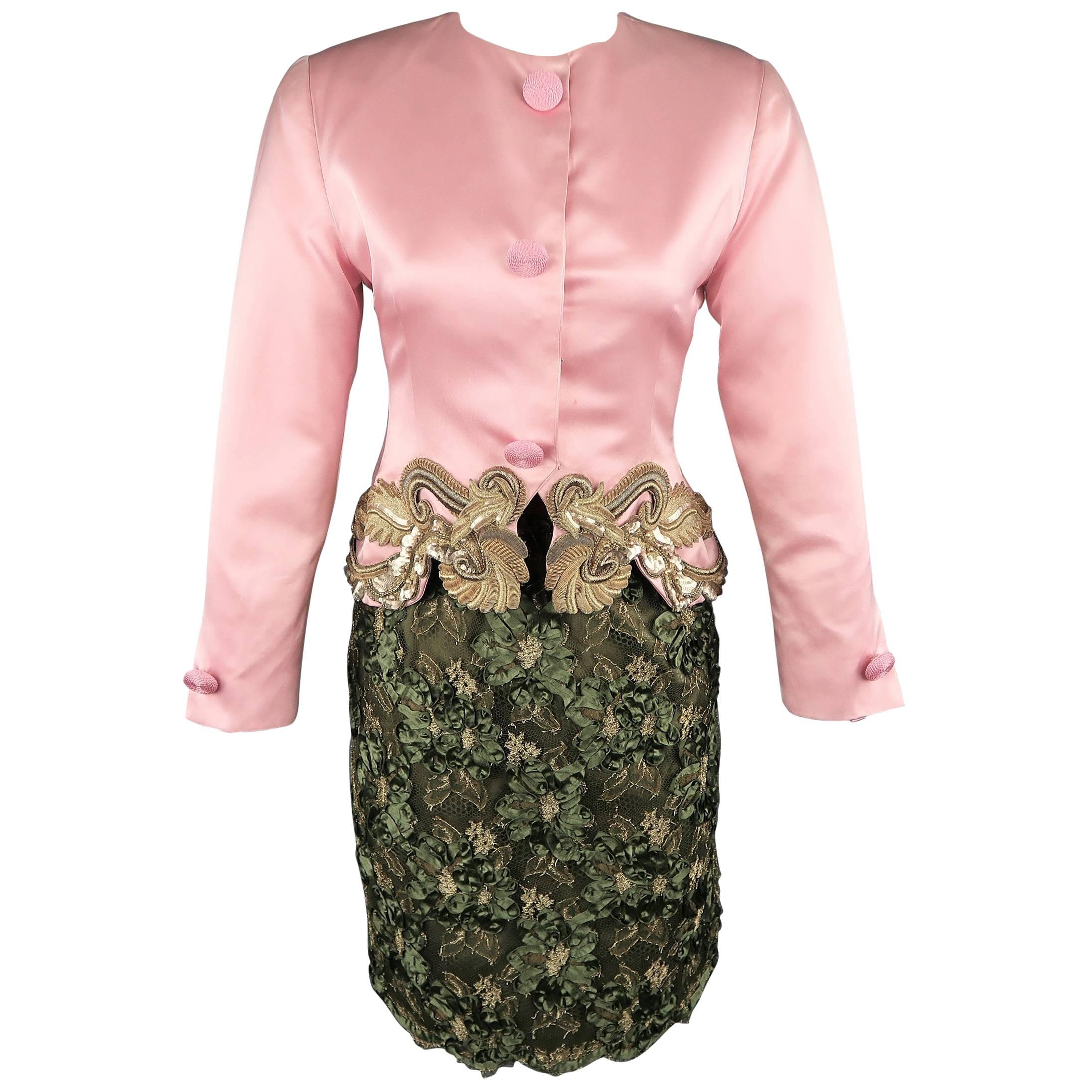 Bill Blass Pink and Green Silk Gold Embellished Lace Skirt Set