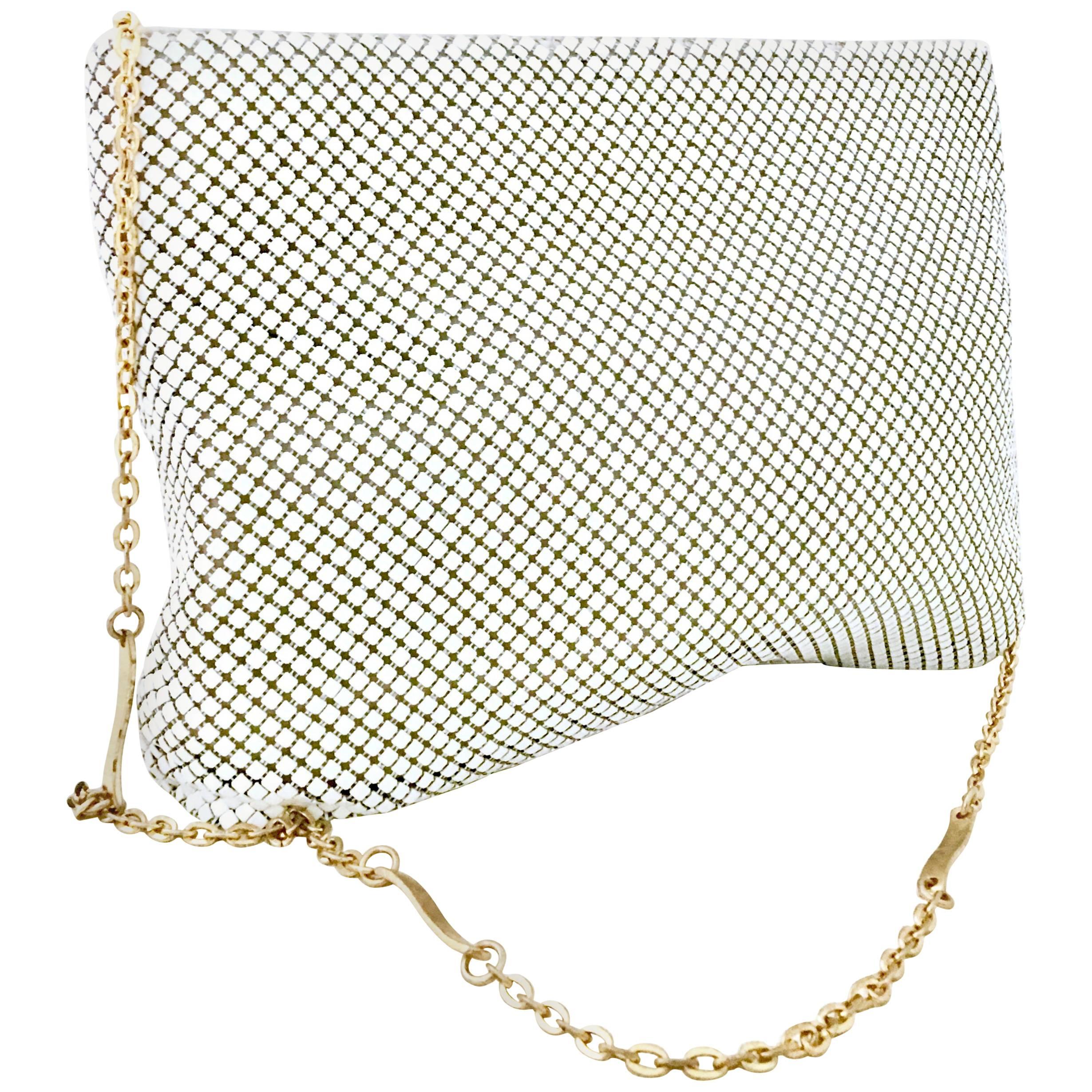 70'S Whiting & Davis White Metal Mesh & Gold Chain Link Strap Hand Bag