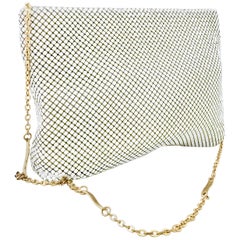 70'S Whiting & Davis White Metal Mesh & Gold Chain Link Strap Hand Bag