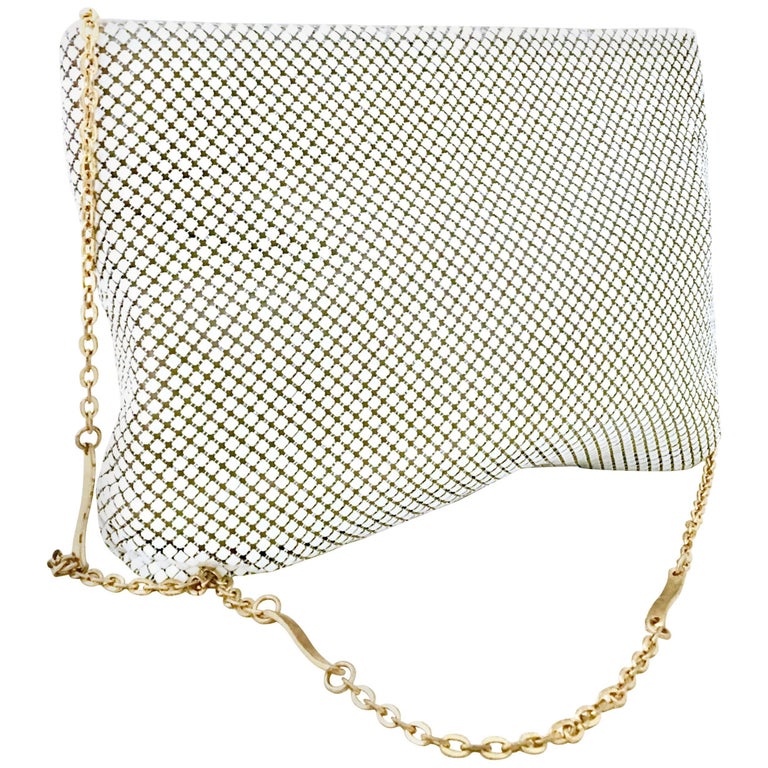 70''S Whiting and Davis White Metal Mesh and Gold Chain Link Strap Hand
