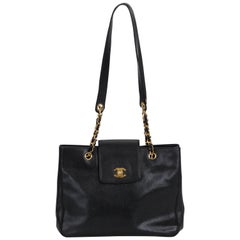 1990's Chanel Black Caviar Leather Large Shoulder Tote Bag