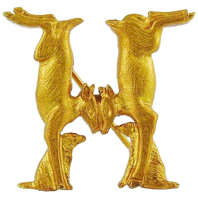 Hermes Vintage Gold Toned Twin Rabbit H Brooch