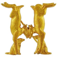 Hermès Vintage Gold Toned Twin Rabbit H Brooch