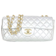Chanel Silver Quilted Lambskin East/West Flap Bag w. Dust Bag & Auth Card