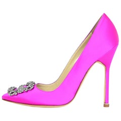 Manolo Blahnik Neon Pink Satin Hangisi 115mm Pumps Sz 38 with DB