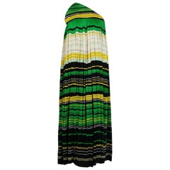 1966 Geoffrey Beene Striped Green Yellow Black Silk Jersey One-Shoulder Dress