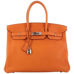 Hermes Birkin Handbag Orange Clemence with Palladium Hardware 35