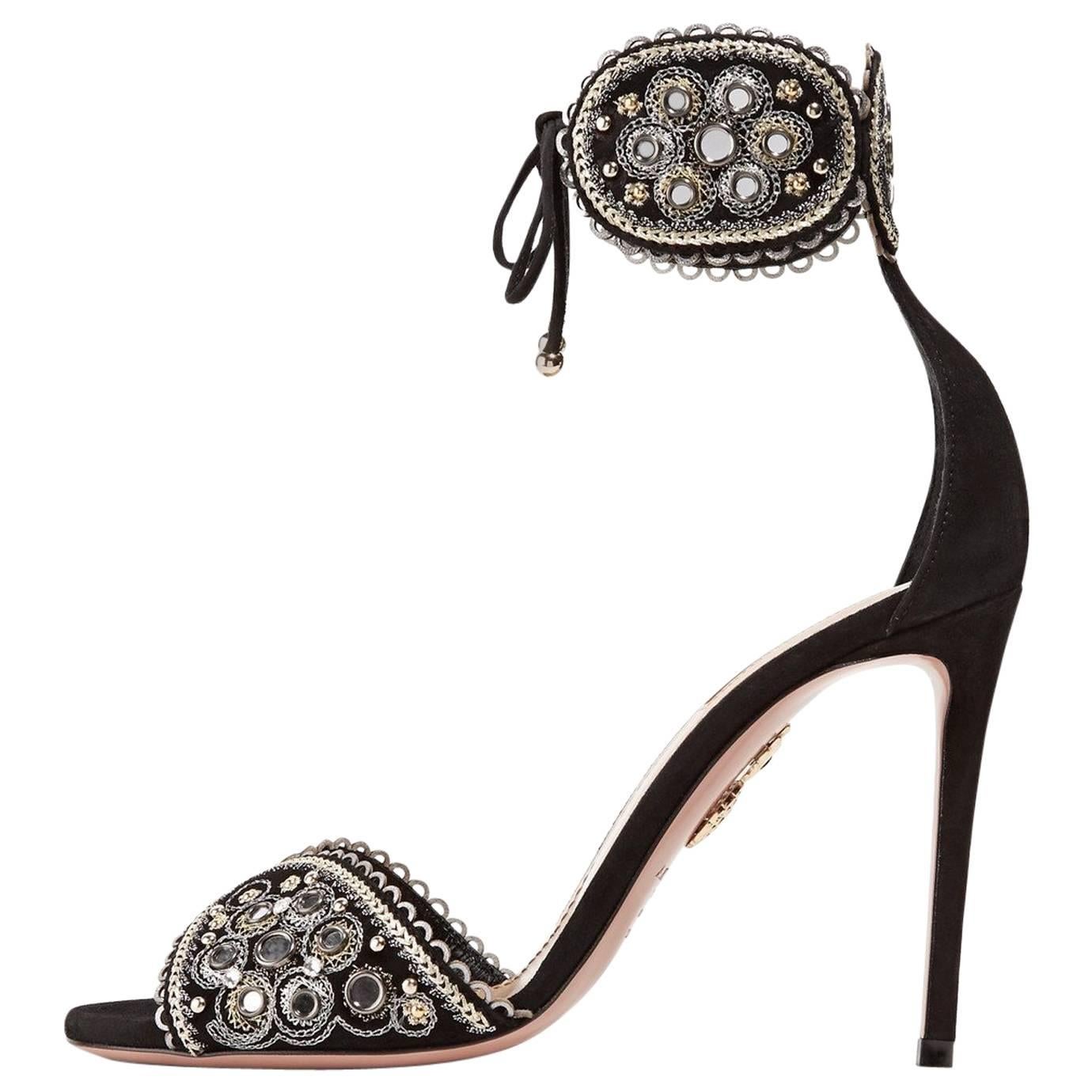 Aquazzura Black Gold Silver Suede Embroidered Evening Sandals Heels  