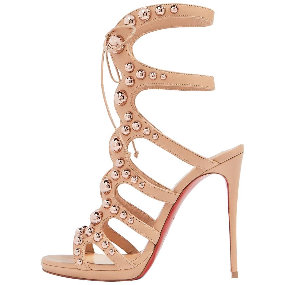 Christian Louboutin Nude Leather Rose Gold Gladiator Sandals Heels 