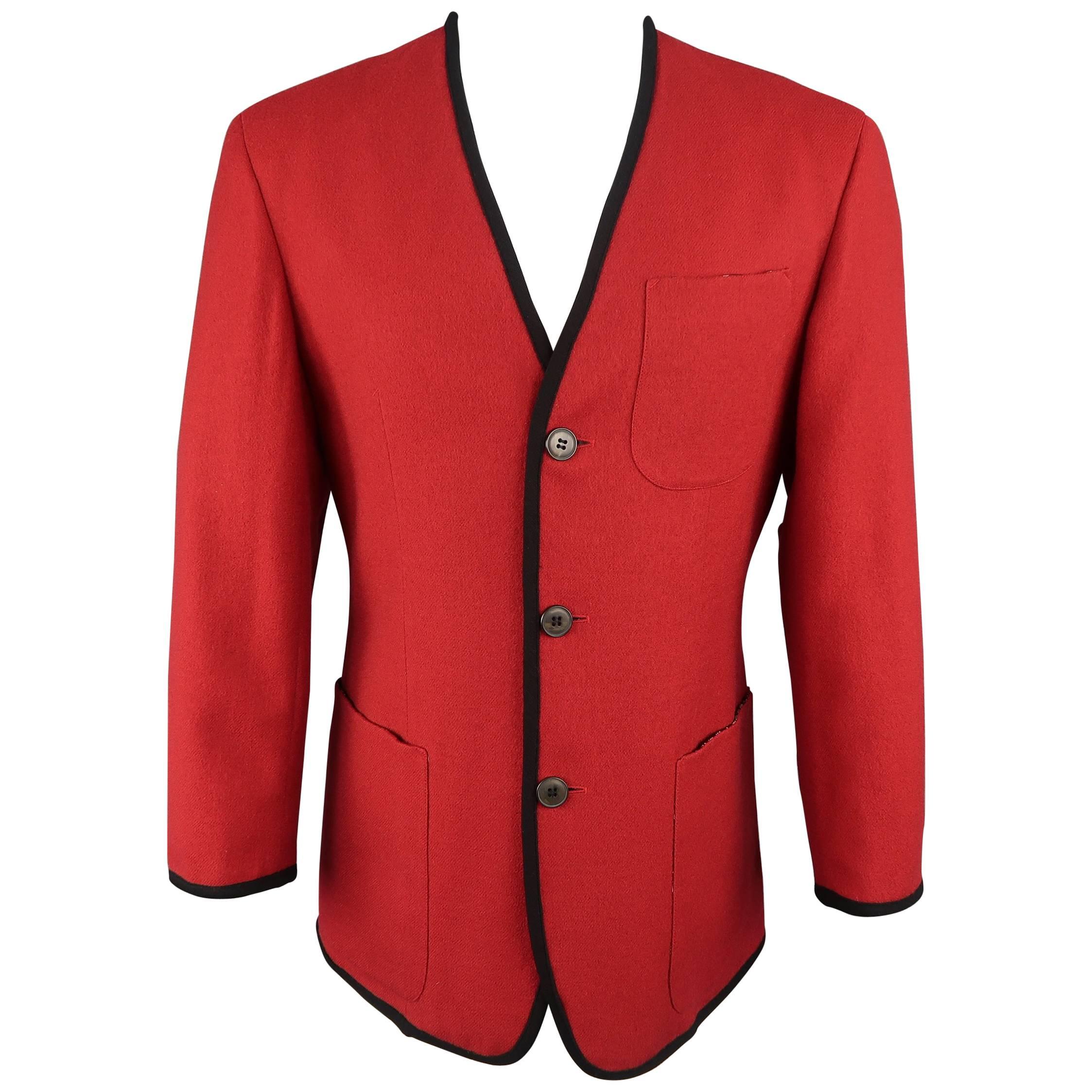 Jean Paul Gaultier Men's Red and Black Wool V Neck Collarless Jacket