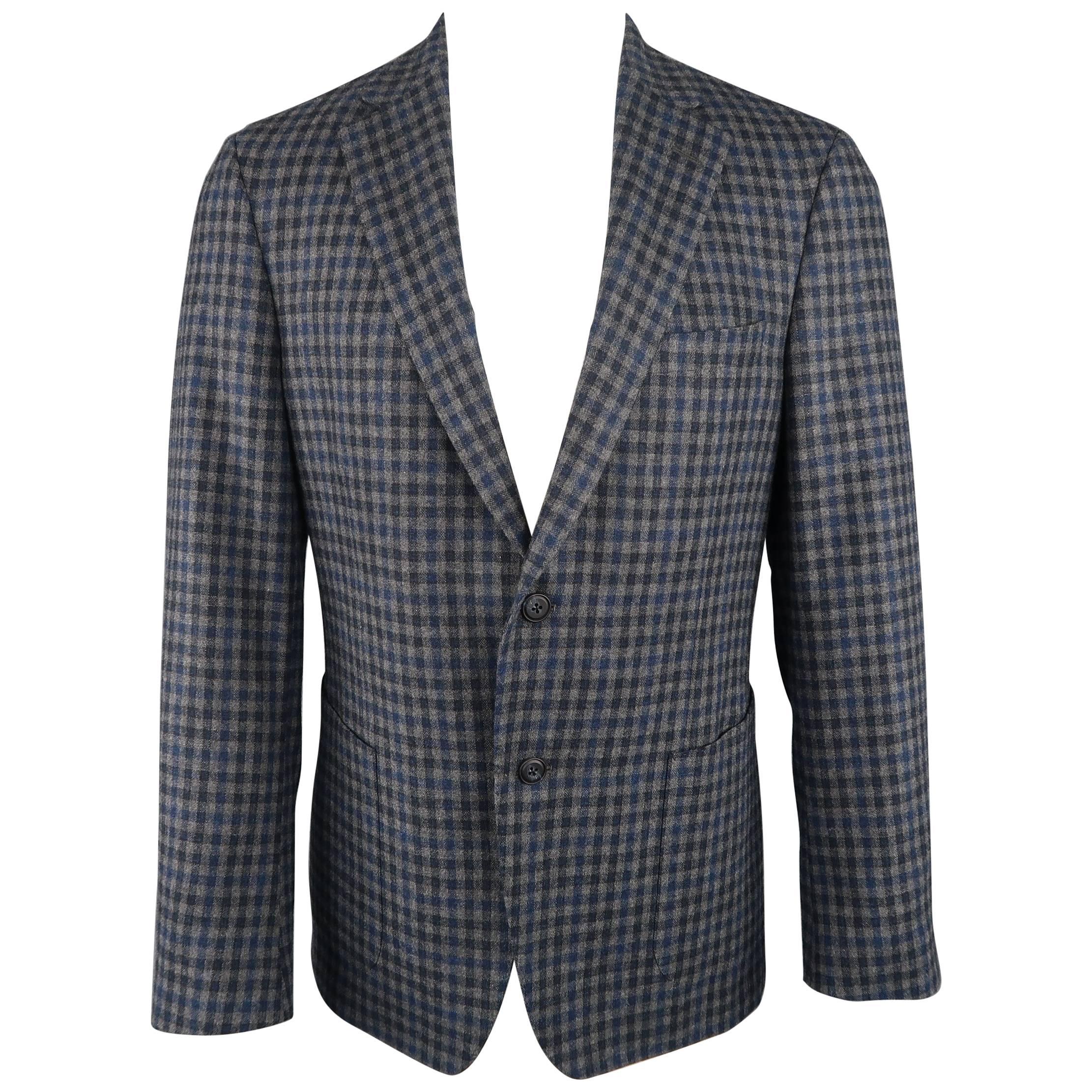 Men's SAMUELSOHN 40 Regular Grey & Navy Plaid Wool / Cashmere 2 Button Sport Coa