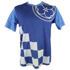 Men's JUNYA WATANABE Size L Blue Checkered Flower Print Cotton T-shirt