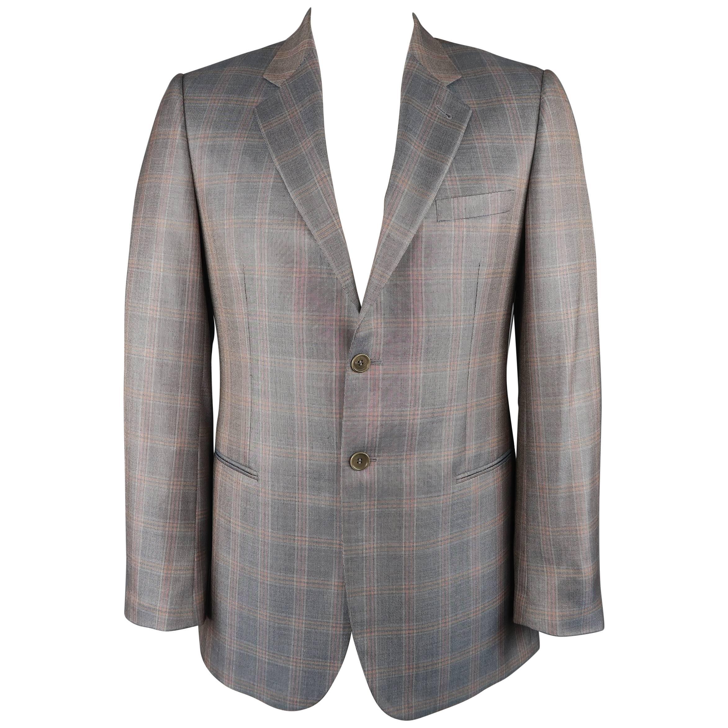 Men's GIORGIO ARMANI 42 Long Grey & Orange Window Pane Wool / Silk Sport Coat