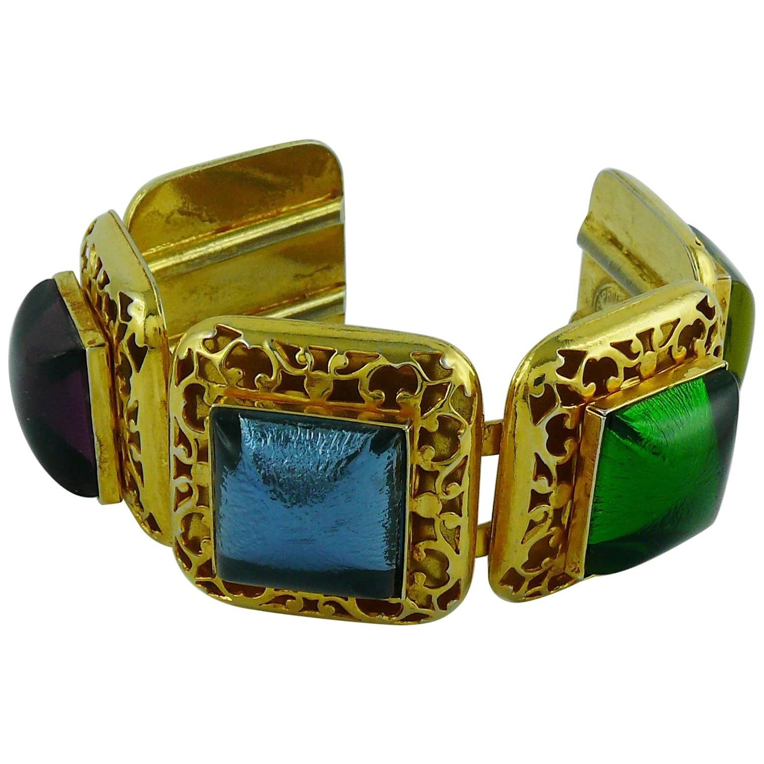 Philippe Ferrandis Vintage Multicolored Glass Cabochons Cuff Bracelet