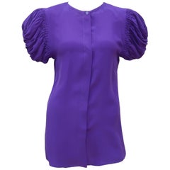 C.1980 Italian Purple Silk Blouse With Unique Ruched Sleeves