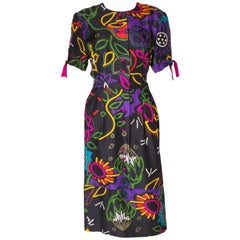 A Vintage 1980s abstract printed Silk day Dress by Donald Campbell