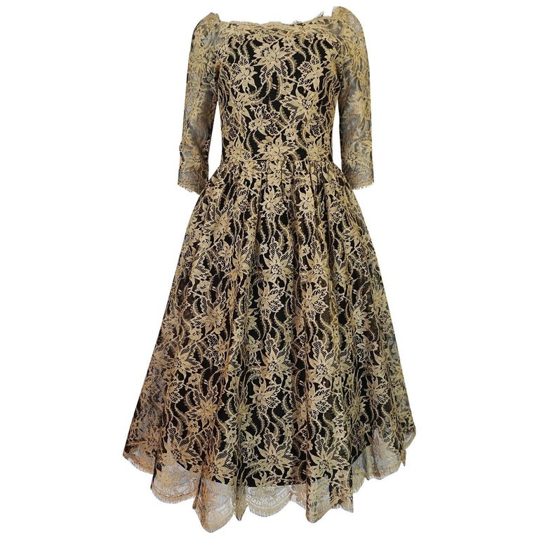 1950s Jacques Heim French Gold Lace on Black Net Dress For Sale at 1stdibs