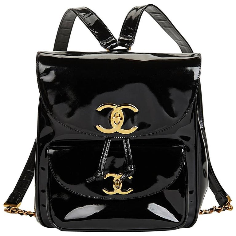 1995 Chanel Black Patent Leather Vintage Classic Timeless Backpack at