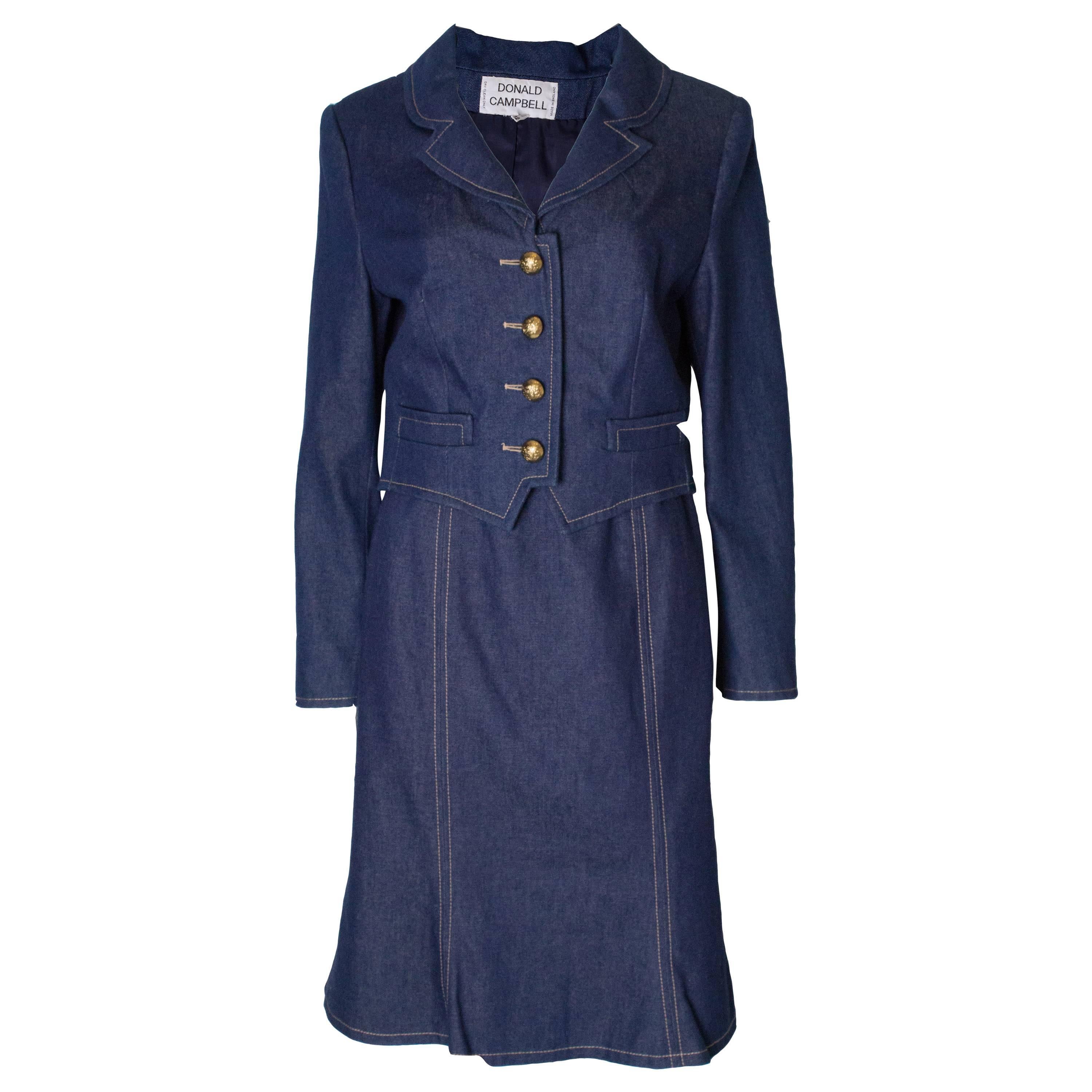 A Vintage 1980s denim Donald Campbell two piece Suit with a skirt and jacket For Sale
