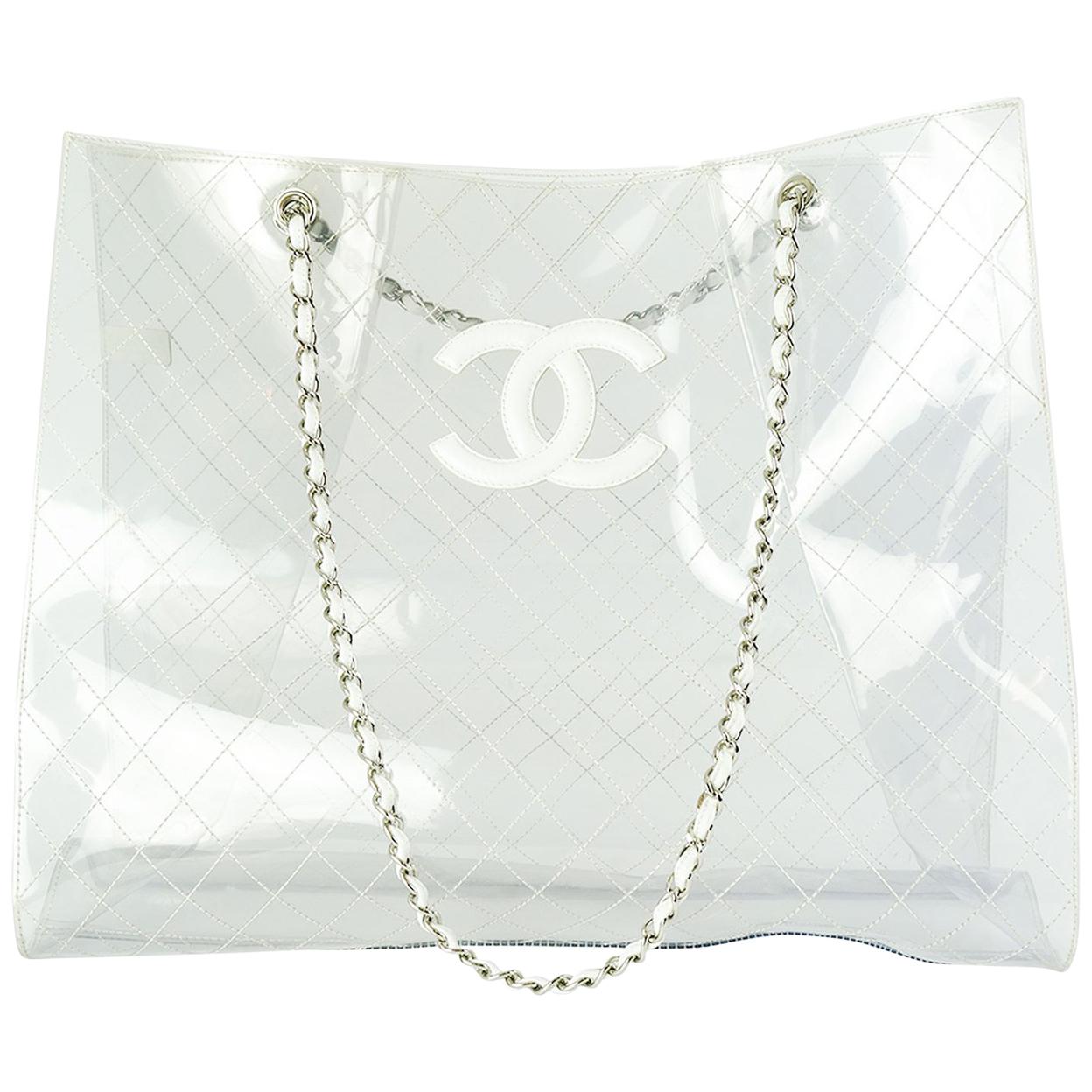 Chanel Fourre-tout transparent et transparent en cuir d'agneau blanc cassé  XXXL extra large En vente sur 1stDibs