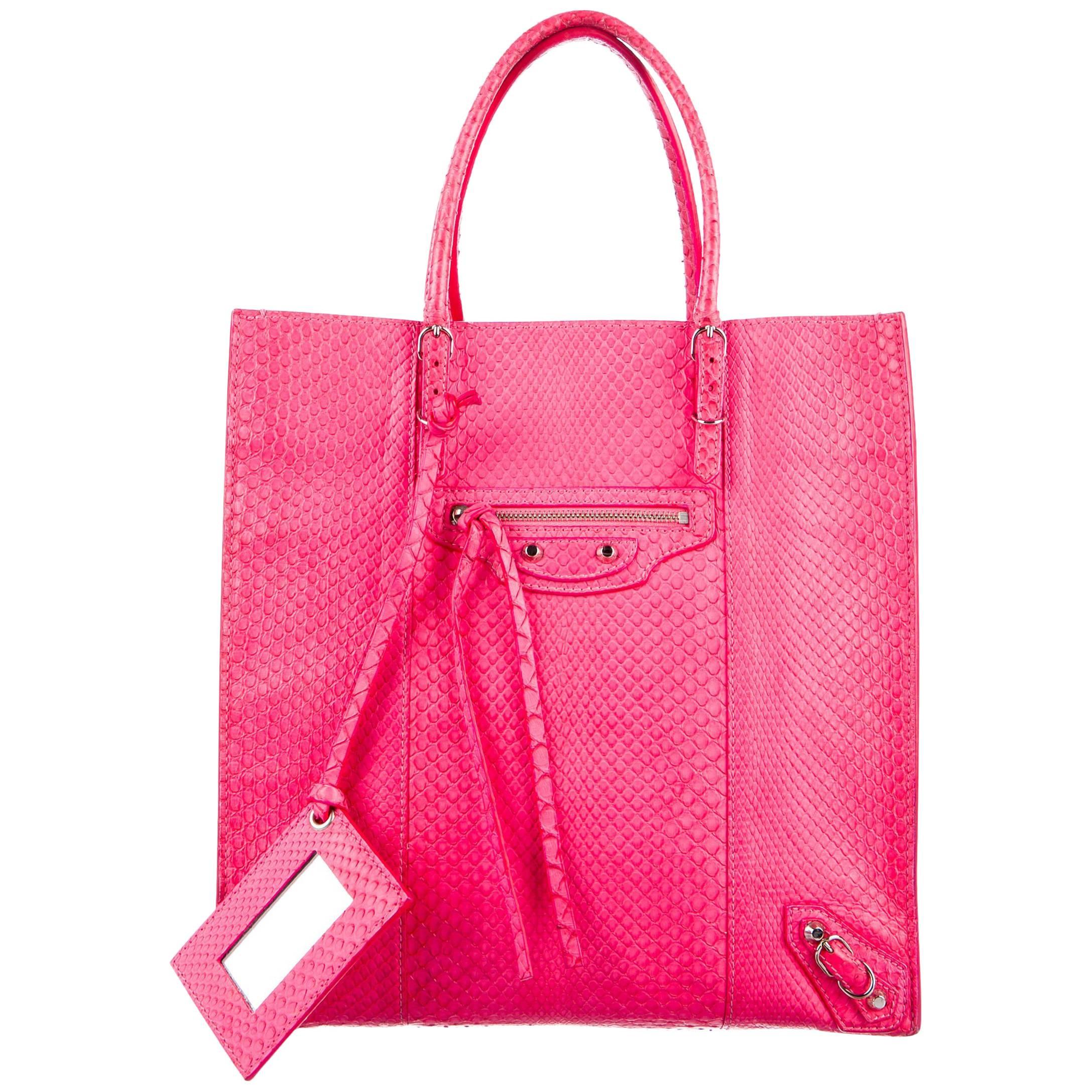 Balenciaga Electric Pink Snakeskin Carryall Travel Top Handle Tote Bag