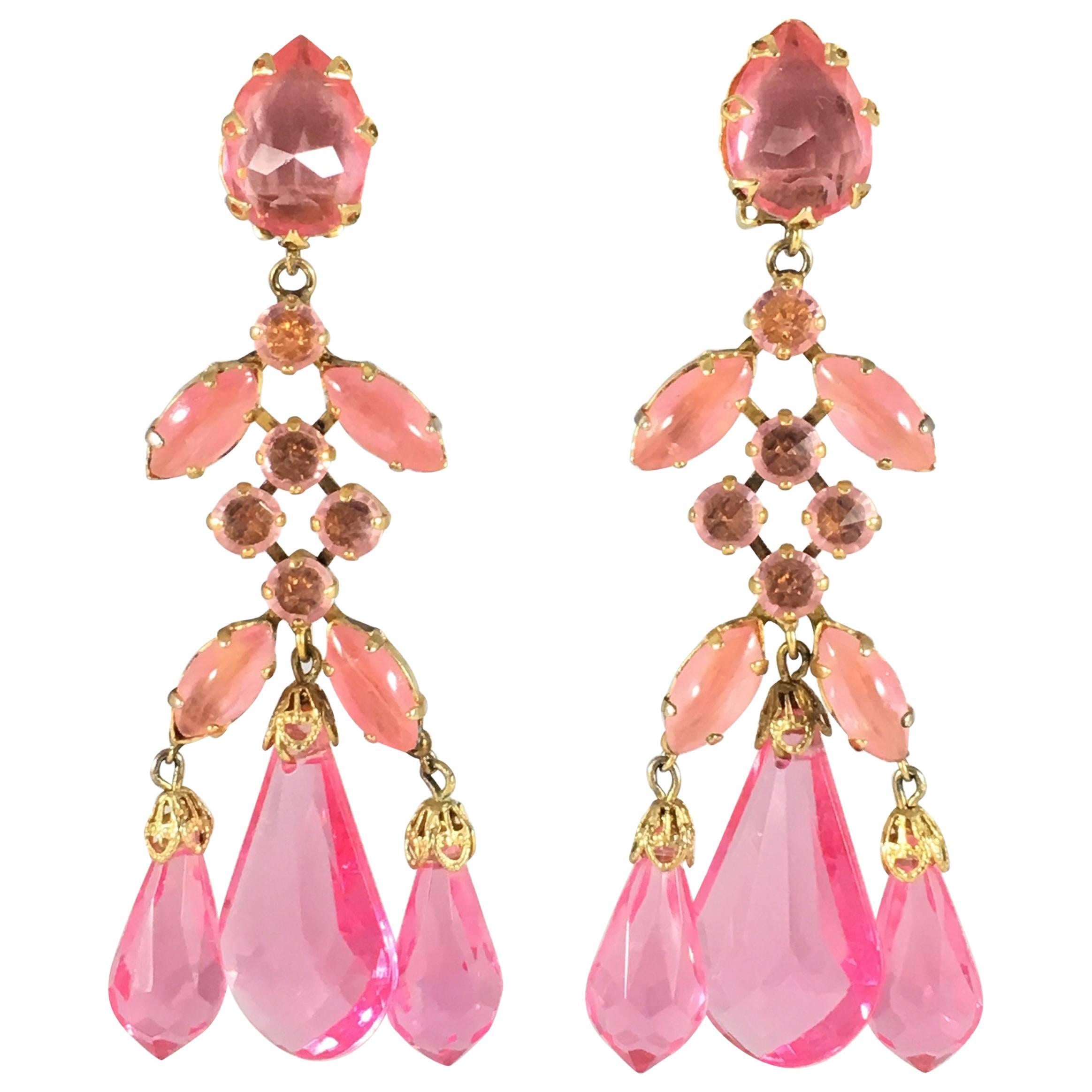 Schreiner Large Pink Statement Chandelier Earrings 1960s