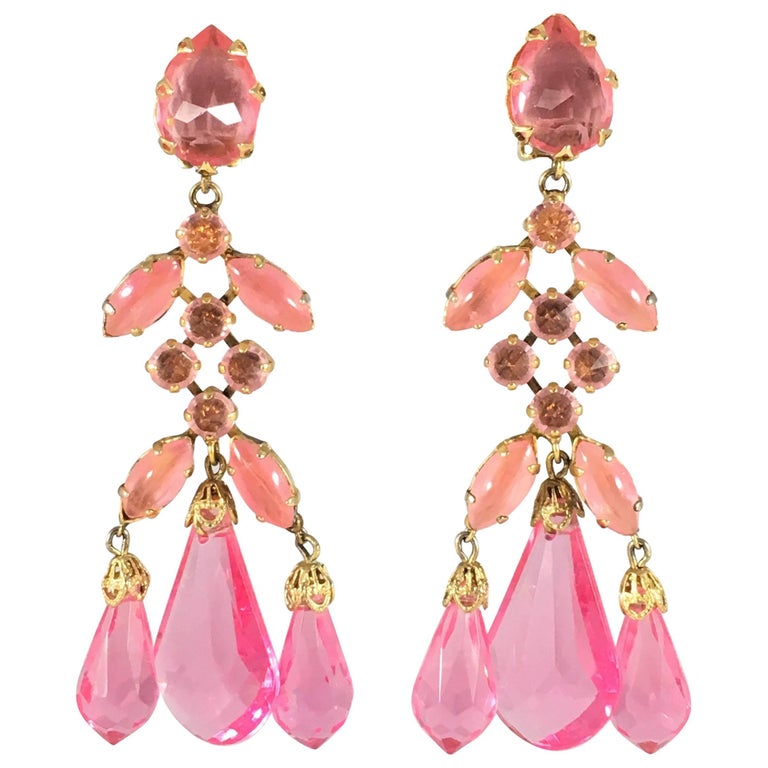 Schreiner Large Pink Statement Chandelier Earrings 1960s at 1stdibs