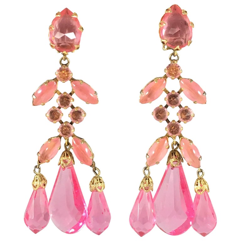 Schreiner Large Pink Statement Chandelier Earrings 1960s For At Schreiner Large Pink Statement Chandelier Earrings 1960s For