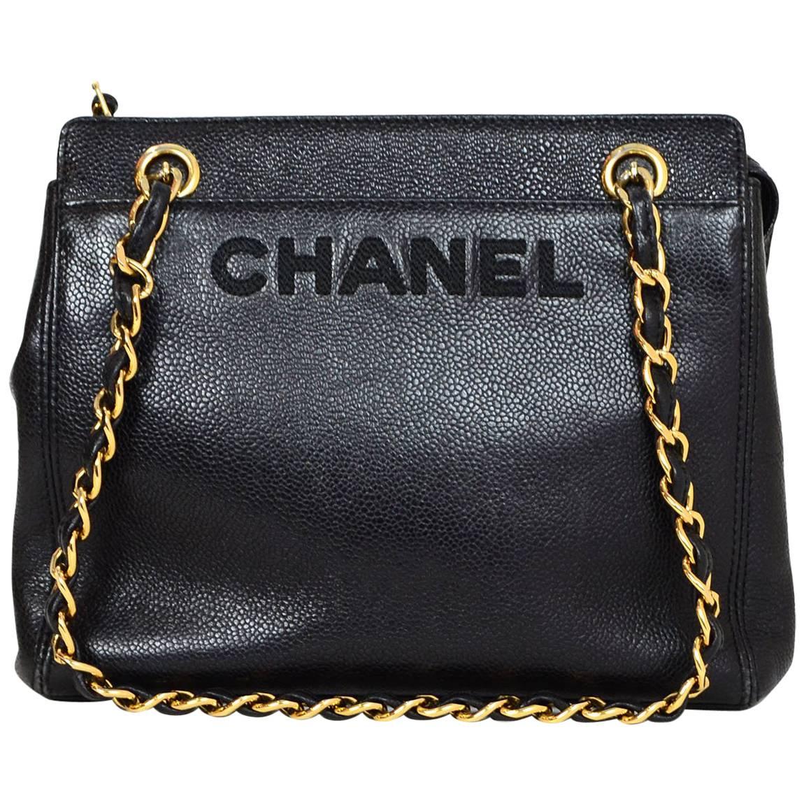 Chanel Vintage Black Caviar Leather CHANEL Logo Tote Bag