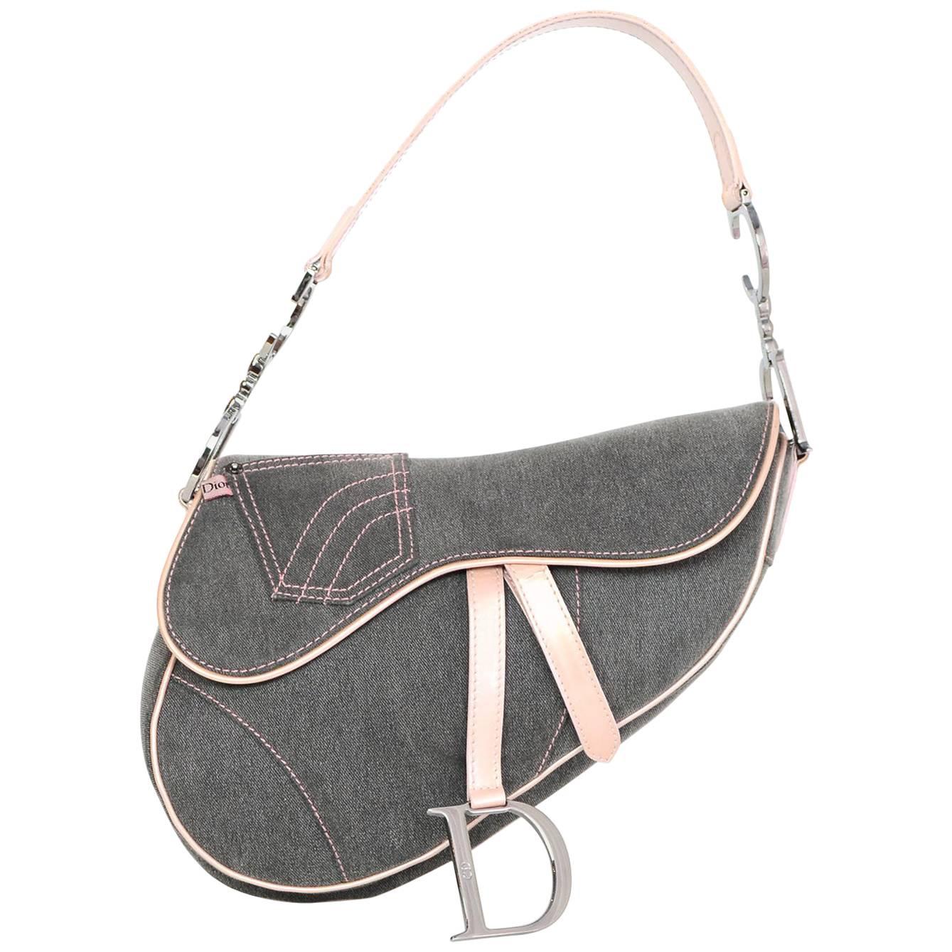 Christian Dior Pink & Grey Denim D Saddle Bag with DB