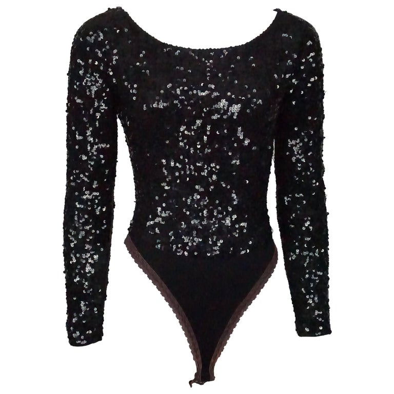Donna Karan Black Sequin Bodysuit, circa 1980s For Sale at 1stDibs | black sparkly  bodysuit, sparkly black bodysuit, black glitter bodysuit