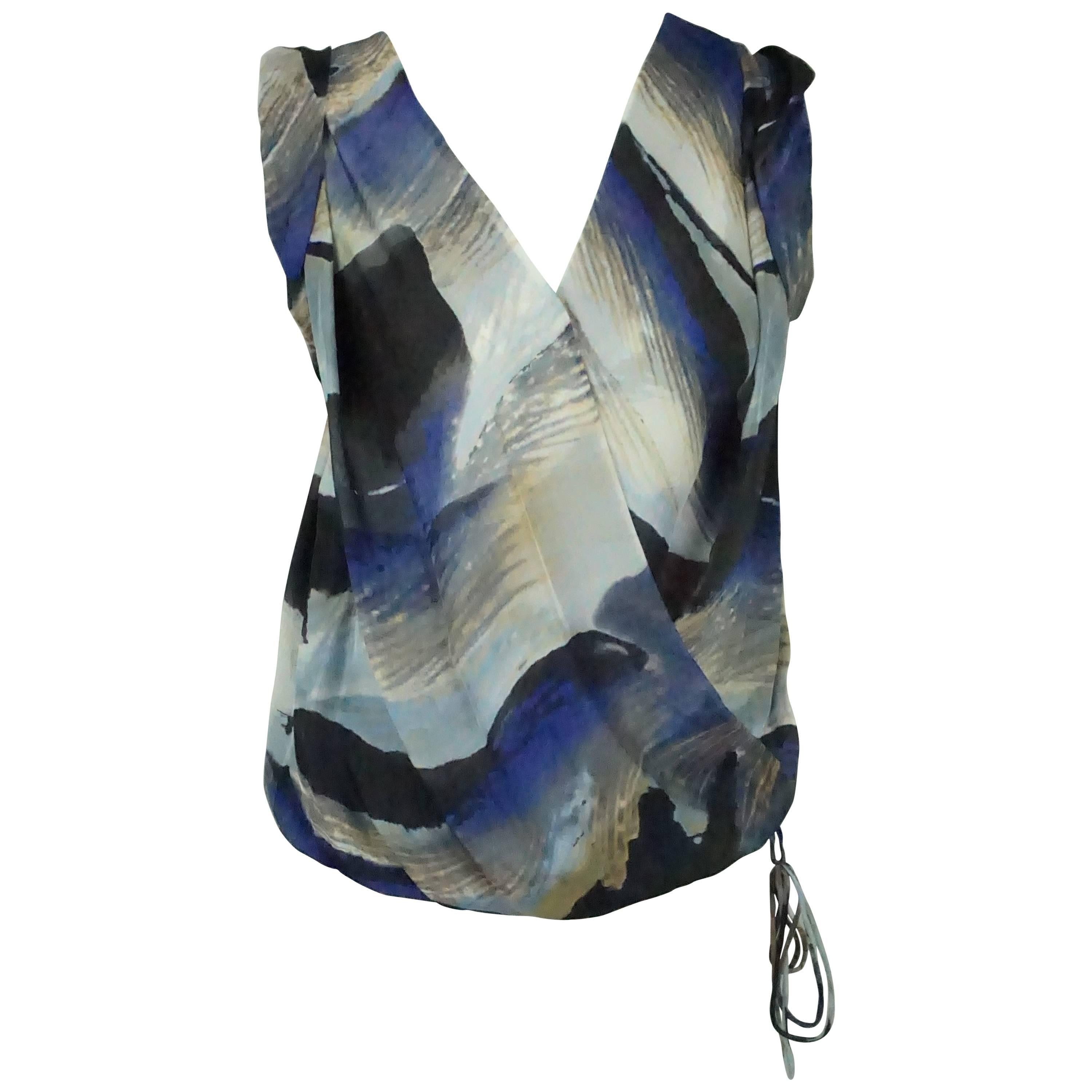 Robert Rodriguez Blue Printed Silk Chiffon Sleeveless Top - 4 For Sale