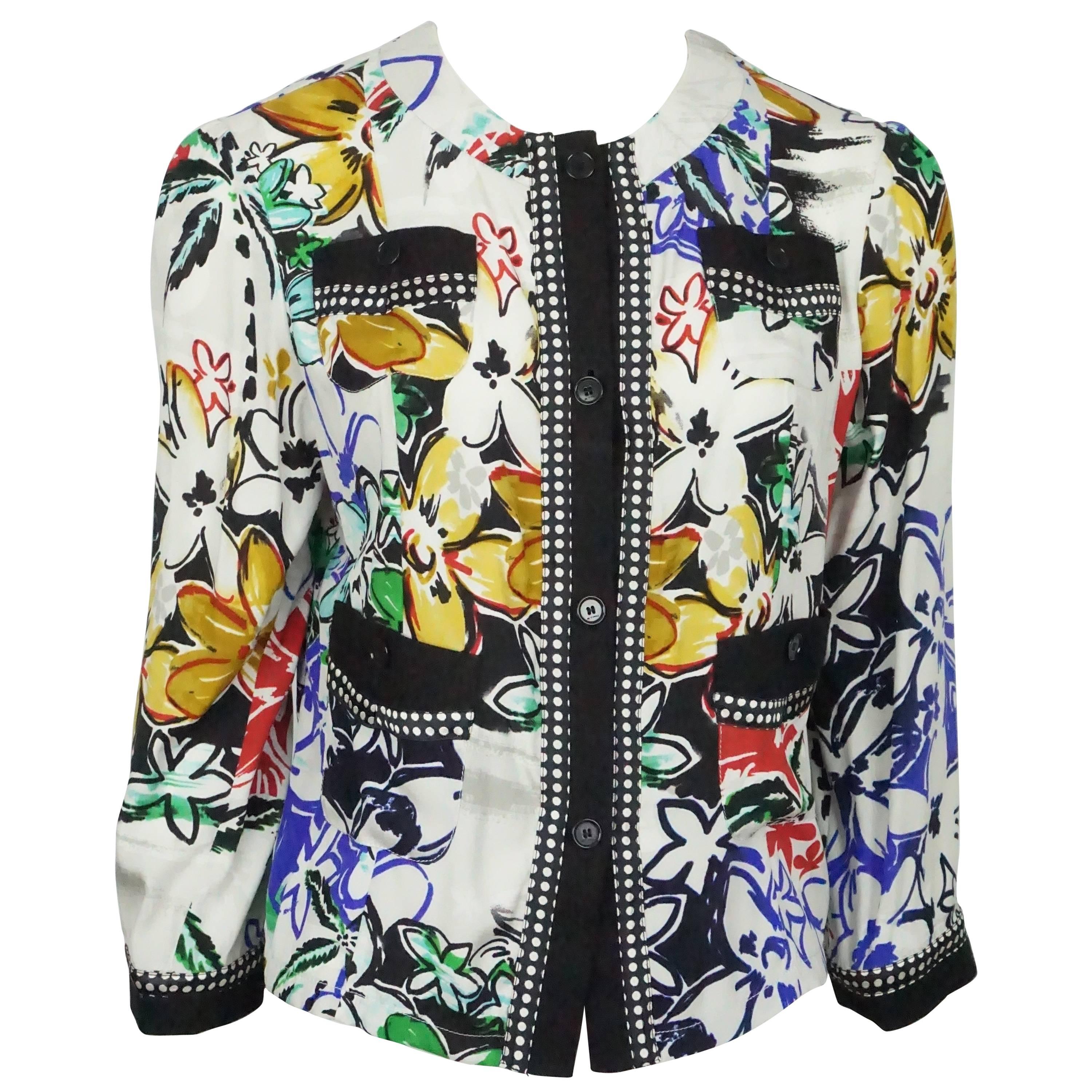 Etro White and Multi Floral Silk Print Top 