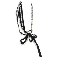 Lanvin Pearl and Ribbon Chain Necklace with Rhinestones