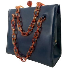 Vintage 50'S Dofan France Navy Leather & Faux Tortoise Bakelite Hand Bag