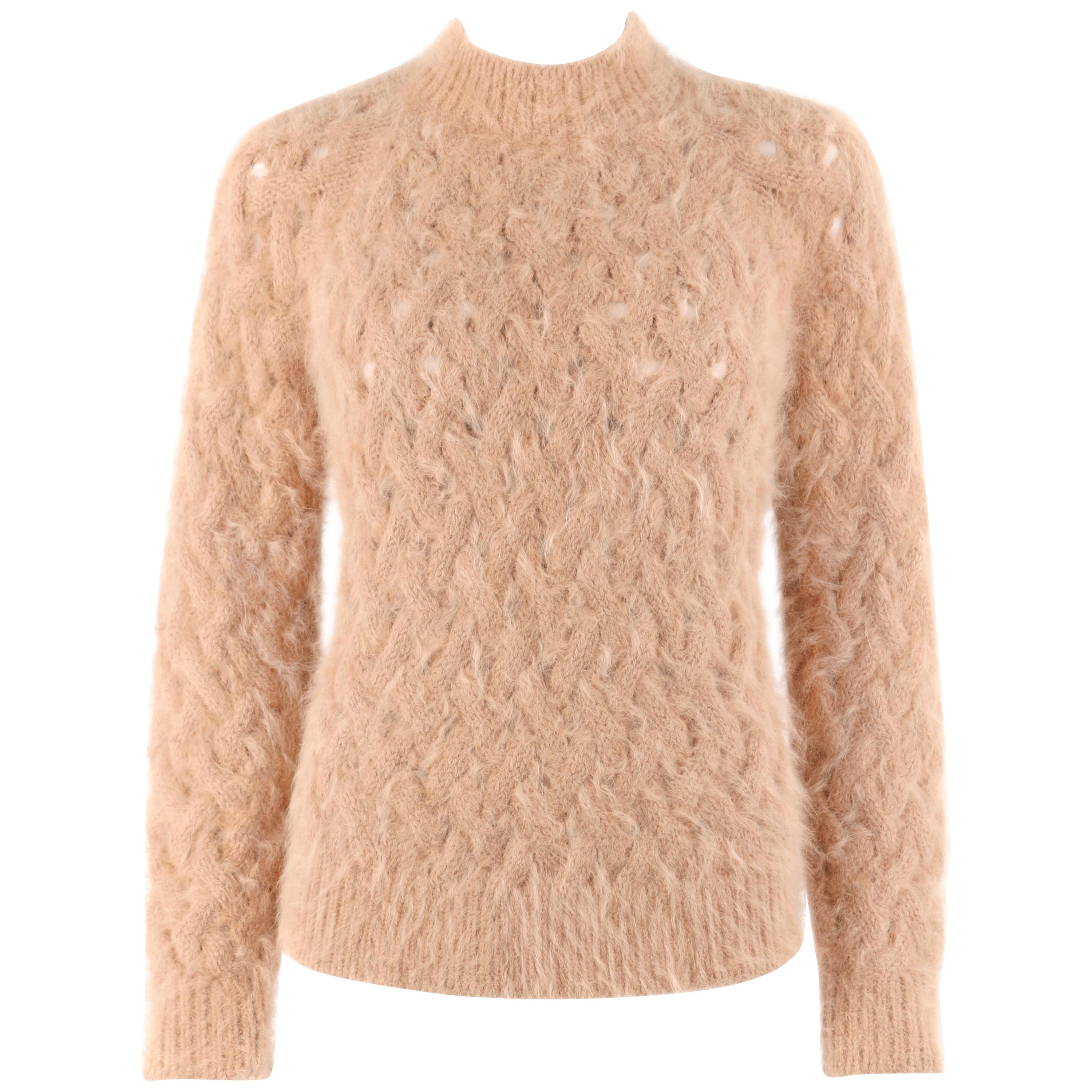 BALMAIN Paris Tan Angora Wool Chunky Cable Knit Pull Over Mock Neck Sweater