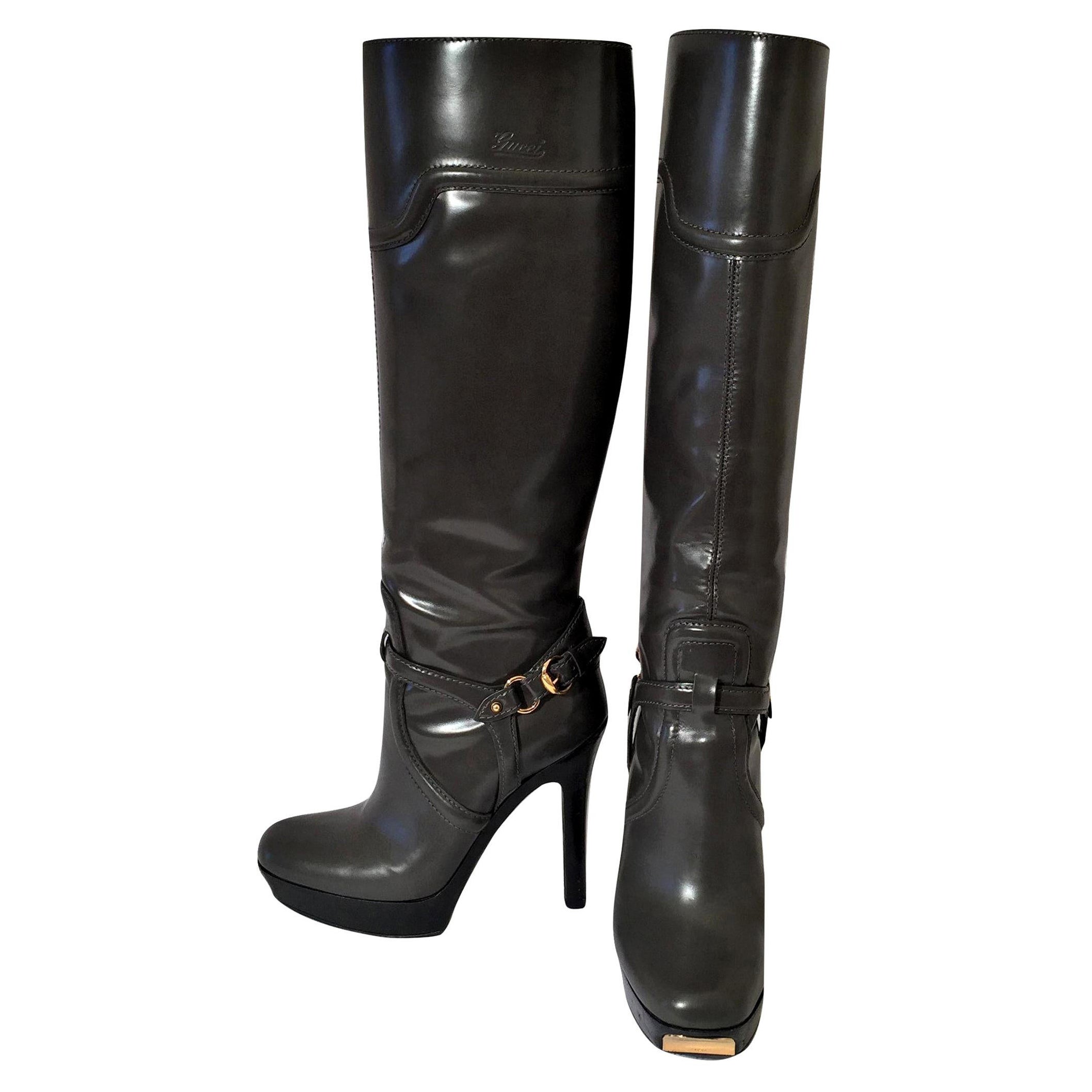 Gucci Dark Gray Leather Platform Boots Sz 6