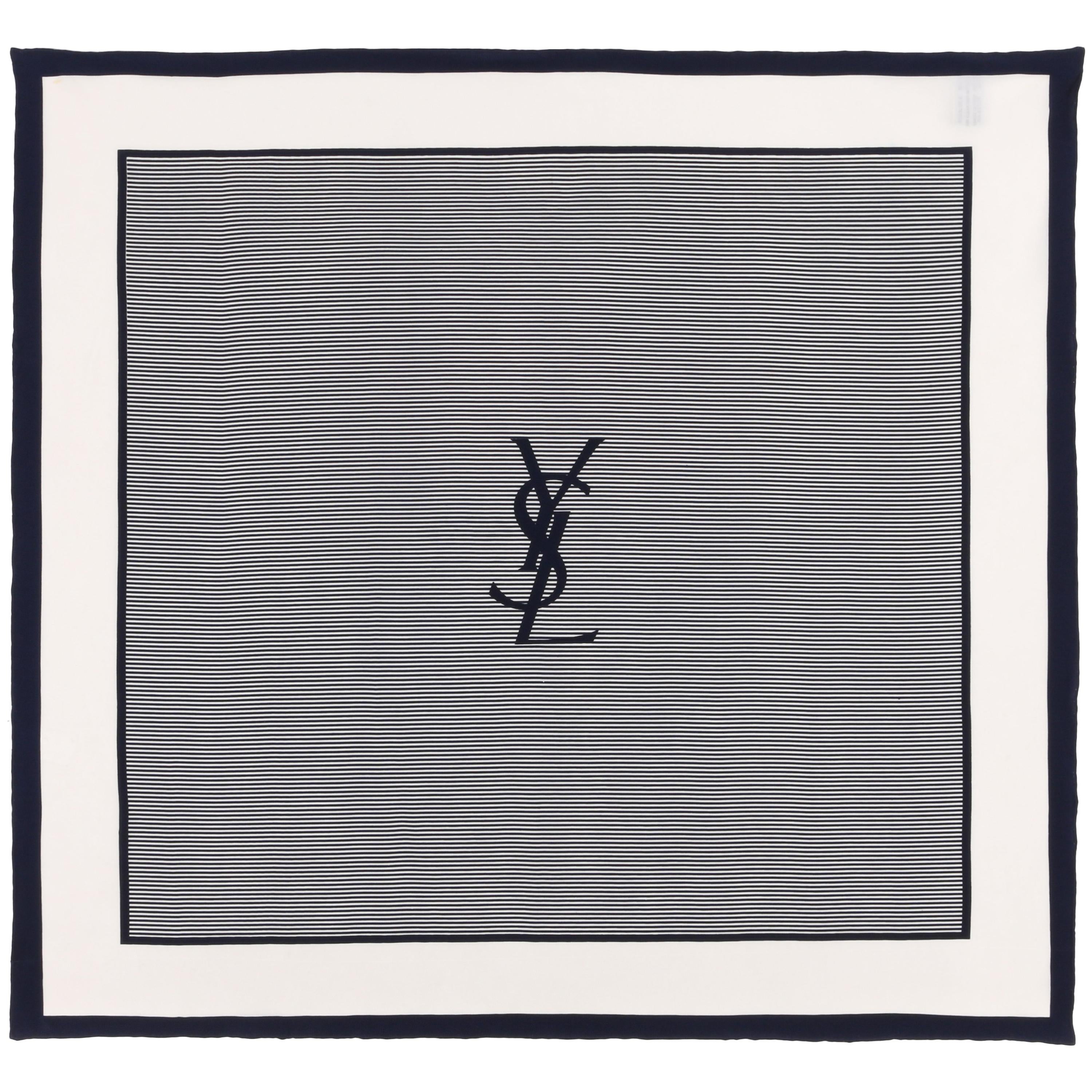 YVES SAINT LAURENT c.1980s YSL Navy Blue White Striped Signature Logo Silk Scarf
