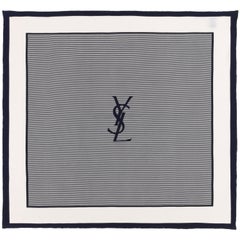 Vintage YVES SAINT LAURENT c.1980s YSL Navy Blue White Striped Signature Logo Silk Scarf