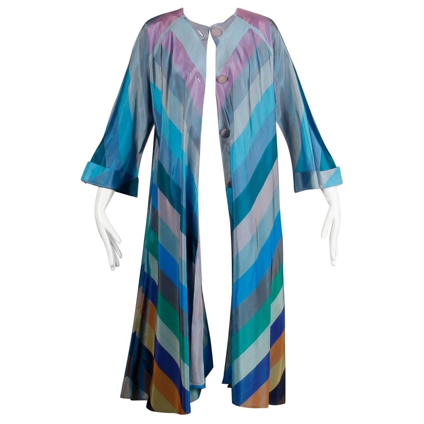 1940s Vintage Taffeta Rainbow Striped Chevron Light Weight Duster Coat or Robe For Sale